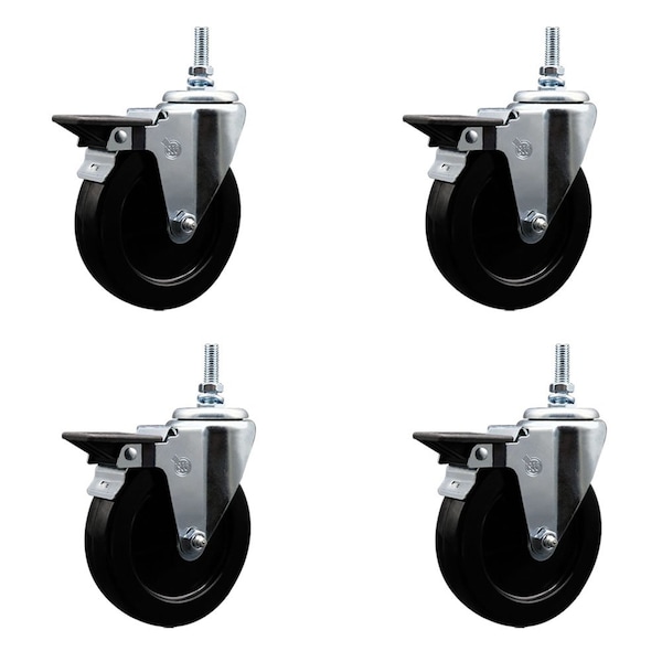 5 Inch Hard Rubber 12 MM Threaded Stem Caster Set with Brake